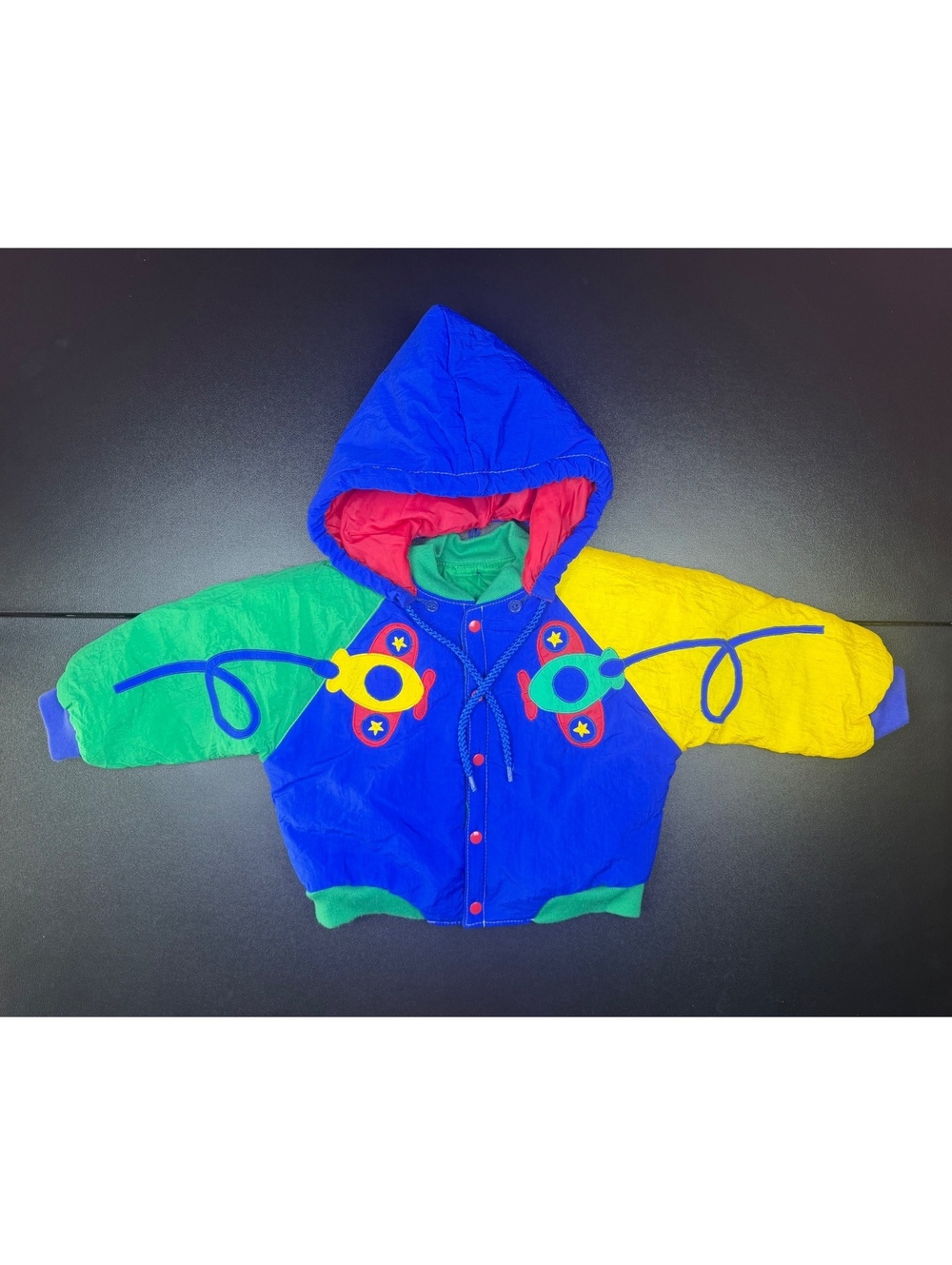 Vintage 80s 90s Baby Airplane Jacket 18M Primary Colorblock Nylon Hooded Coat